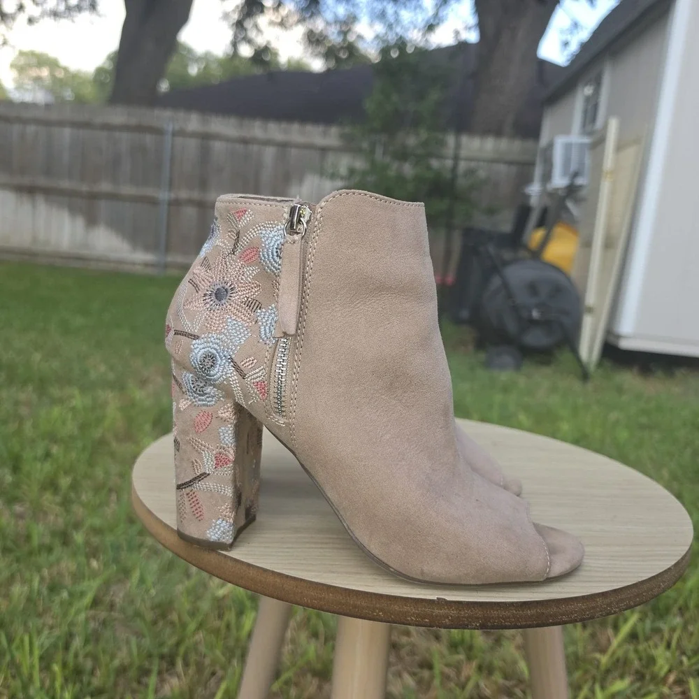 Beige Faux Suede Floral Embroidered Open Toe Block Heel Ankle Booties